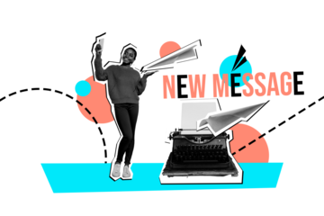 Composite trend artwork sketch image photo collage of young lady businesswoman success stand work laptop launching typewriter machine