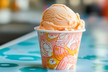 Ice cream scoop on Colorful paper cup, Orange flavor