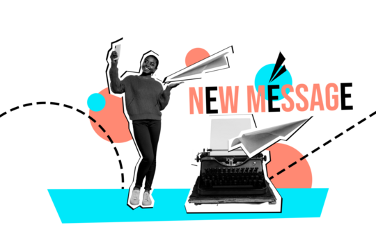 Composite trend artwork sketch image photo collage of young lady businesswoman success stand work laptop launching typewriter machine