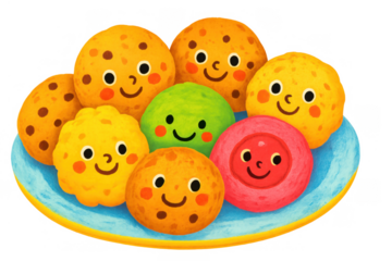 Hand-drawn cookies illustration with happy cartoon faces, cute colorful sweets on a plate, transparent background