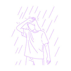 Line art illustration of person covering head from rain