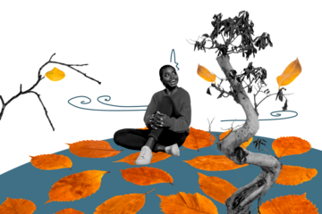 Composite trend artwork 3D sketch image collage of autumn fallen leaves season weather outdoors nature young lady happy sit down look tree