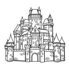 Fototapeta premium Detailed outline drawing of a grand medieval castle with towers and walls