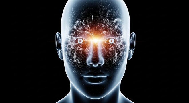 A human face with a glowing, digital interface superimposed on it, set against a black background.