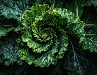 Mesmerizing Natural Fractal Pattern in a Green Leafy Cabbage Plant.