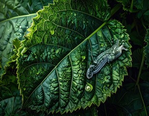 Macro photograph of a small translucent slug on a wet green leaf.