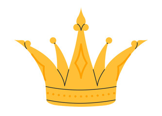 Crown icon. Golden royal jewels headdress. Symbol of king, queen, prince and princess. Aristocratic, coronation, monarchy concept. Hand drawn flat vector illustration on white background