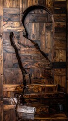 Mysterious Abstract Figure Crafted from Textured Wood Panels.