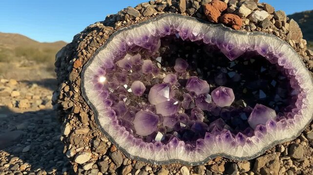 Geode with purple amethyst crystals, a mineral cavity on rock surface