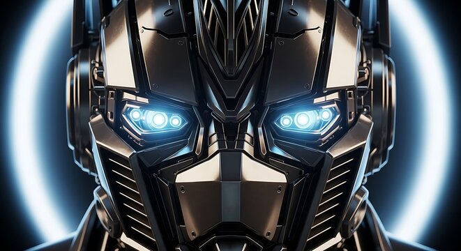 Close up of a futuristic robot head with glowing blue eyes and metallic details