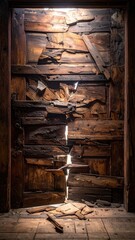 Mysterious Light Piercing Through an Old Dilapidated Wooden Door.