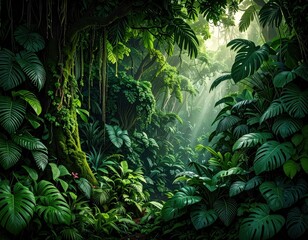 Mysterious Lush Green Jungle with Sunbeams Through Canopy.