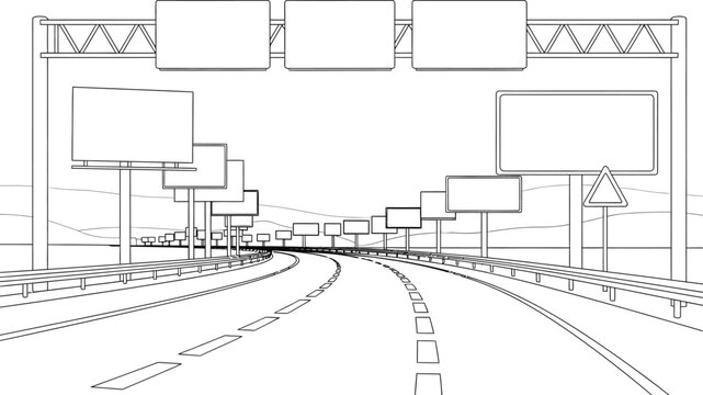 A stark black and white line drawing of a highway with multiple blank directional signs overhead and on the sides