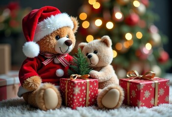 Teddy bear dressed as Santa giving gifts to toy animals, cheerful composition