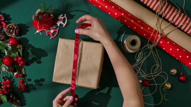 Top view of female hands wrapping a gift in brown paper and tying a red satin ribbon on a green background. Surrounded by Christmas decorations creating a cozy and festive holiday atmosphere.