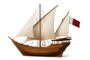 Qatari dhow sailing ship with national flag, representing arabian culture and traditional maritime heritage with transparent background