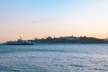 Fototapeta premium Istanbul background photo. Historical peninsula of Istanbul and a ferry