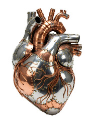 Steampunk metallic heart made of silver and copper with rivets and tubes on transparent background. Mechanic human organ biology concept.