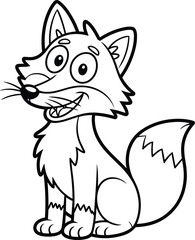 Cute cartoon fox sitting with big eyes and smiling face, black and white outline drawing, adorable woodland animal illustration for kids coloring