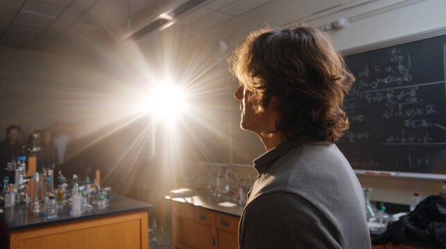 Enlightening Physics Lecture: Prof Teaching Relativity Equations in Morning Light with Dreamy Focus and Eco-Friendly Setup - Powered by Adobe