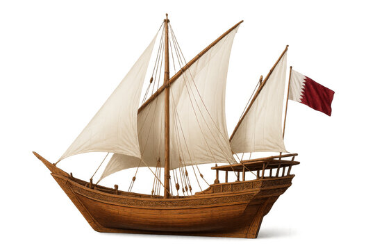 Qatari dhow sailing ship with national flag, representing arabian culture and traditional maritime heritage with transparent background