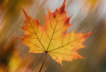 Obraz premium A striking yellow and orange maple leaf stands out against a backdrop of softly blurred autumn colors in a peaceful forest setting. The fall season shows its beauty Generative AI