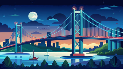 Fototapeta premium Very beautiful night view of the Delaware Memorial Bridge, a pair of twin suspension bridges crossing the Delaware River between Delaware and New Jersey, seen from New Jersey under glowing city lights