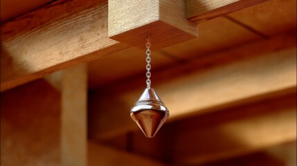 Serene Pendulum Movement in Wooden Frame Under Warm Studio Lighting, POV Shot with Selective Focus and Minimalist Design