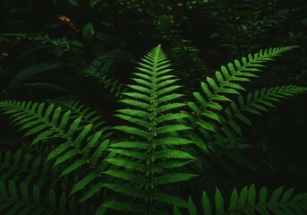 Vibrant green tropical fern fronds thrive in the humid, dark understory of the lush jungle canopy, showcasing intricate natural patterns ,thriving ,macro ,forest