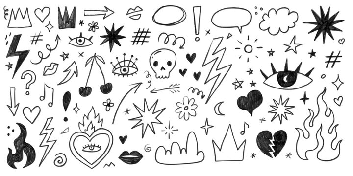 Punk doodle hand drawn set. Grunge grafitti with rock heart star fire arrow skull. Sketch crayon icon tattoo. Scribble marker art. Line, shape punk doodle grafiti with rock music element. Vector art