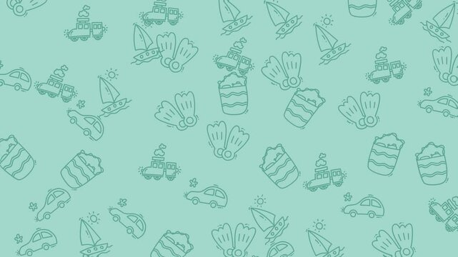 Soft teal pattern with playful nautical icons?boats,  shells, anchors, sails, waves, lifebuoys, seagulls,  and marine motifs