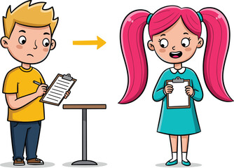 Boy and girl completing survey, kids holding clipboard and writing notes, children learning feedback communication and teamwork concept illustration