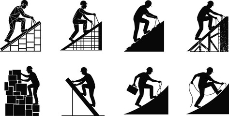 Construction worker climbing roof using rope and ladder, safety silhouette on building site, industrial labor, roofing maintenance, repair, engineering concept vector