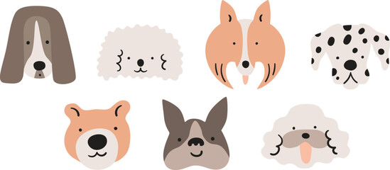 Cute and adorable popular pet dog face illustration set on white background. Different doggies breed collection, simple funny puppies illustration. Pups avatars