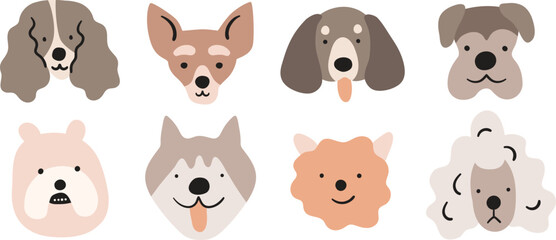 Cute and adorable popular pet dog face illustration set on white background. Different doggies breed collection, simple funny puppies illustration collection. Pups avatars