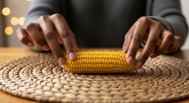 Close-up of hands placing a corn cob on a woven mkeka mat. Kwanzaa celebration and African heritage holiday concept. Muhindi symbol representing children