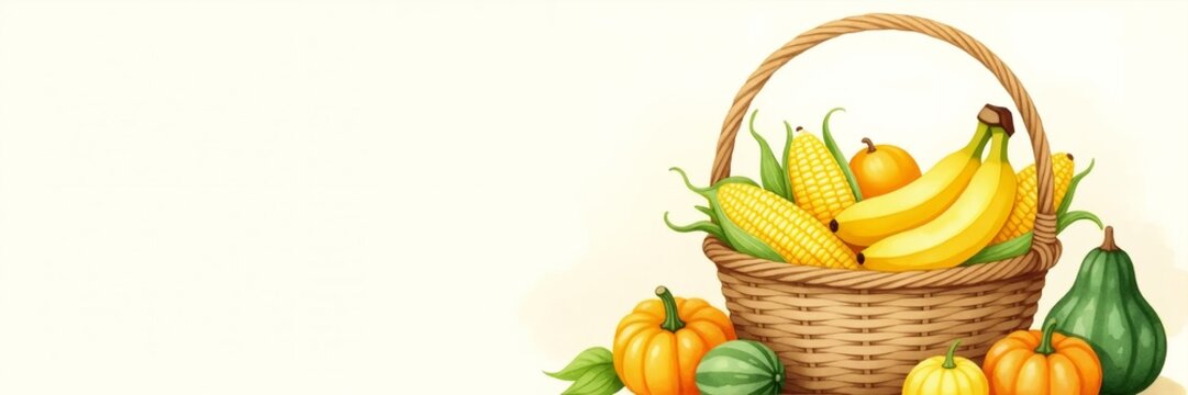 Kwanzaa harvest basket with fresh fruits and vegetables. Mazao crops illustration for the African heritage holiday celebration. Wide banner with copy space
