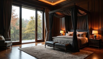Luxury master bedroom interior with four poster bed, big window. Elegant home interior. Dark wood panels, gray curtains, pillows. Comfortable furniture, carpet on wooden floor. Cozy house room design.