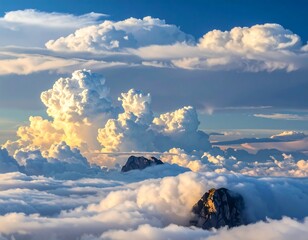 A breathtaking vista of mountain peaks piercing through dense clouds, illuminated by golden sunlight against a brilliant blue sky