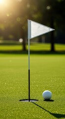 Obraz premium A close-up shot of a white triangular pennant flag flying atop the pin marking the golf hole on a perfectly manicured green under sunlight ,putting ,hobby ,flag