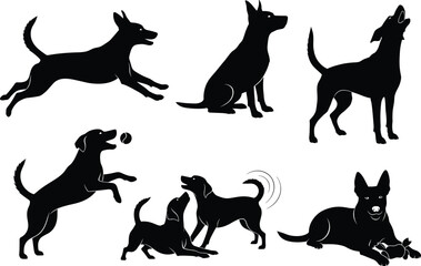 Silhouettes of Dogs in Various Poses and Activities – Playful, Sitting, Jumping, Barking, Lying Down, Interaction, Pet Behavior Vector Concept