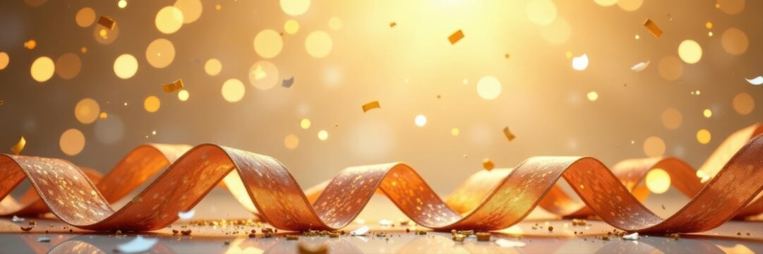 Golden confetti and zigzag ribbon cascade, festive tinsel streamers , design, descent