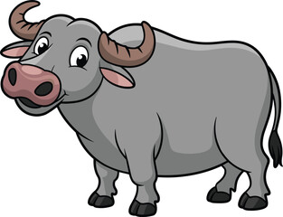 Cute cartoon buffalo illustration, farm animal vector art, smiling water buffalo character, livestock design for children, agriculture mascot conceptCute cartoon buffalo illustration, 