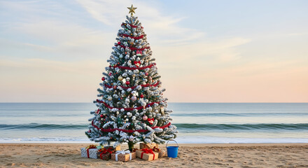 Decorated christmas tree with gifts on a sandy beach by the ocean