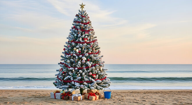 Decorated christmas tree with gifts on a sandy beach by the ocean
