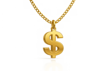 Gold dollar sign pendant hanging from a chain, symbolizing wealth, luxury, and financial abundance with transparent background