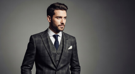 A man in a suit against a gray background.