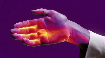 Glowing Hand: Infrared Thermal Image Demonstrating Heat Radiation Principles with Cinematic Lighting and Dramatic Composition from Low-Angle Shot