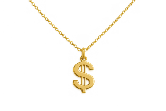 Gold dollar sign necklace pendant symbolizing wealth, money, finance, luxury, success, and prosperity on transparent background