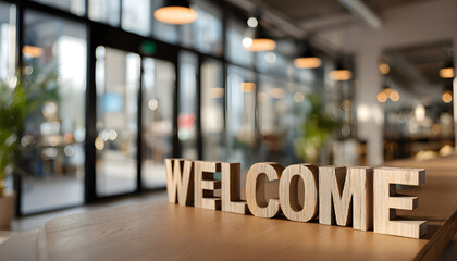 welcome sign on a desk symbolizes a friendly onboarding process in a modern office